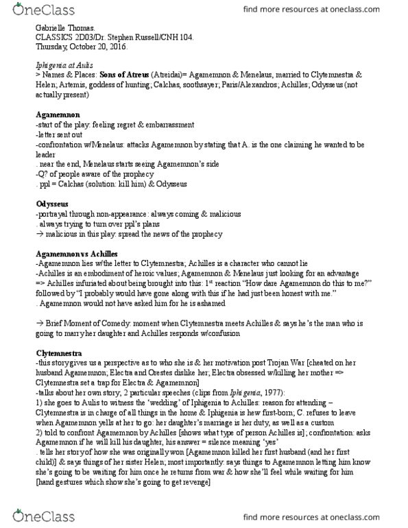 CLASSICS 2D03 Lecture Notes - Lecture 16: Calchas, Clytemnestra, Odysseus thumbnail