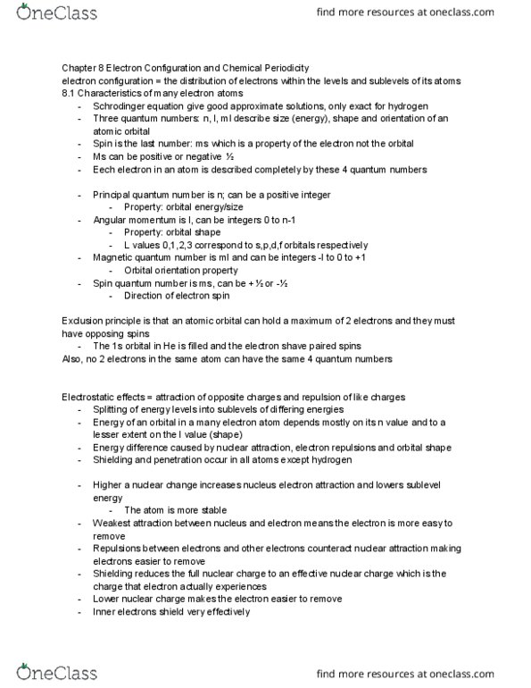 CHEM 1062 Chapter Notes - Chapter 8: Inner Core, Magnetic Quantum Number, Paramagnetism thumbnail