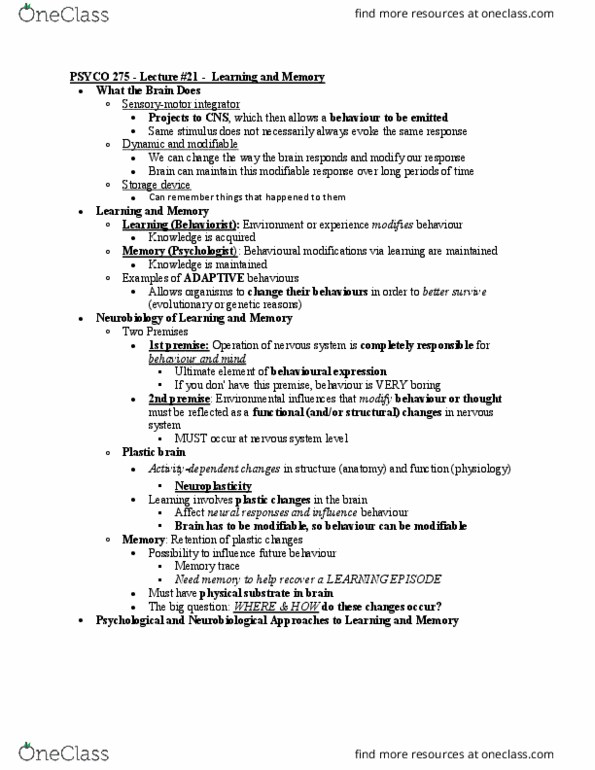 PSYCO275 Lecture Notes - Lecture 21: Aplysia, Chemical Synapse, Biogenic Substance thumbnail