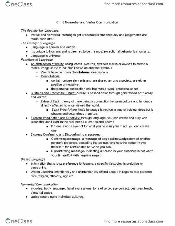 CMB 110 Chapter Notes - Chapter 6-7: Kinesics, Edward Sapir, Nonverbal Communication thumbnail