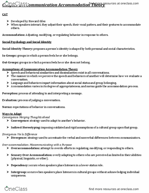 COMM 200 Chapter Notes - Chapter 27: Stereotype, Communication Accommodation Theory, Social Identity Theory thumbnail