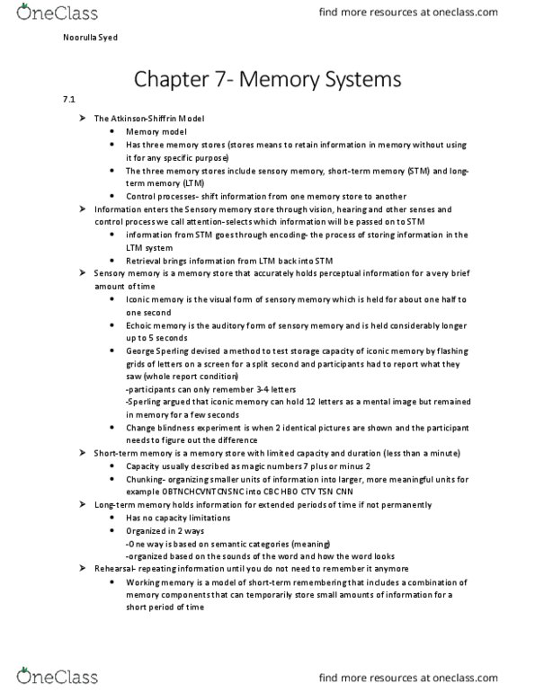PSYA01H3 Chapter Notes - Chapter 7: Retrograde Amnesia, Flashbulb Memory, Anterograde Amnesia thumbnail