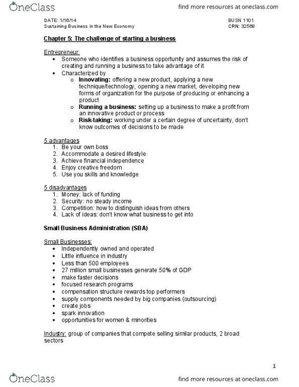 BUSN 1101 Lecture Notes - Lecture 6: Business Plan, Small Business Administration thumbnail