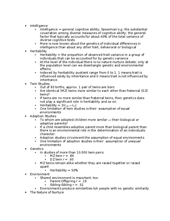 PSYCH 3F03 Lecture Notes - Lecture 5: Twin, Twin Study, Heritability thumbnail