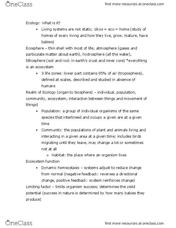 ECOL 1000 Lecture Notes - Lecture 1: Limiting Factor, Niche Differentiation, Living Systems thumbnail