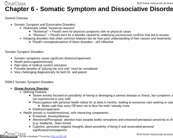 PSYCH257 Lecture Notes - Lecture 6: Factitious Disorder Imposed On Self, Depersonalization, Posttraumatic Stress Disorder thumbnail