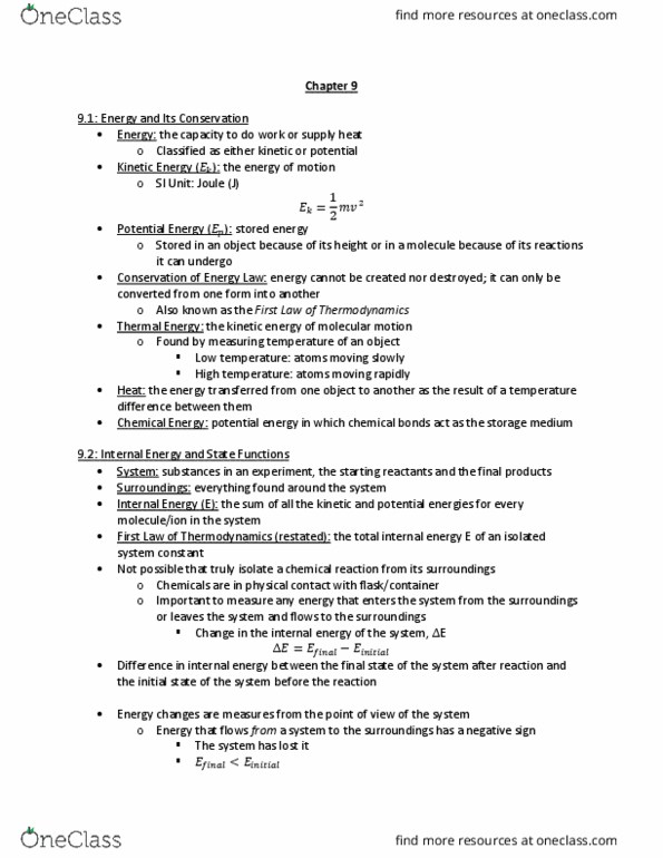 CHM135H1 Chapter Notes - Chapter 9, 17: Internal Energy, Chemical Equation, Thermodynamics thumbnail