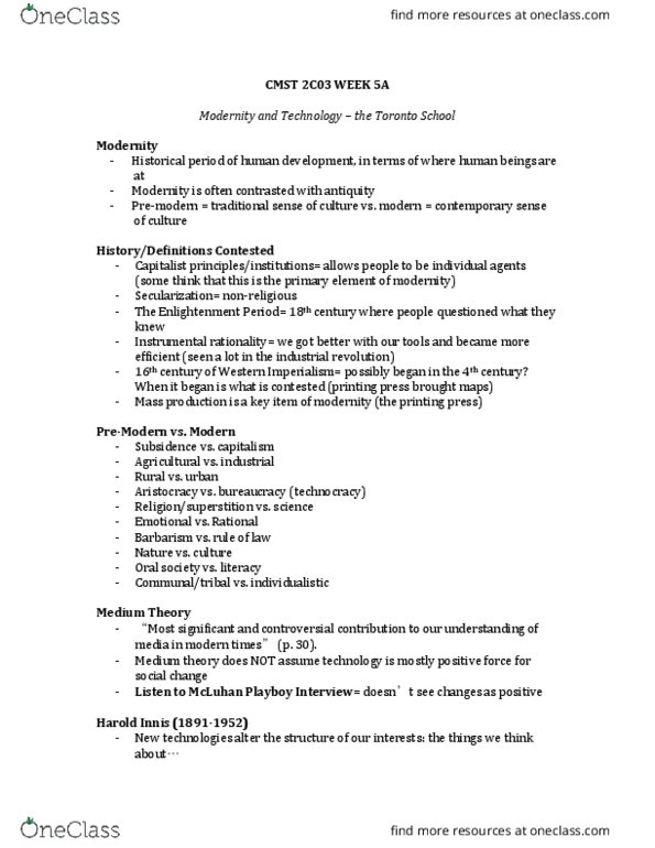 CMST 2C03 Lecture Notes - Lecture 5: Marshall Mcluhan, Technocracy, Multivac thumbnail