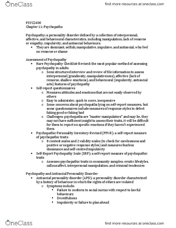 PSYC 2400 Chapter Notes - Chapter 11: U.S. Air Force Aeronautical Rating, Lust Murder, Psychopathy Checklist thumbnail