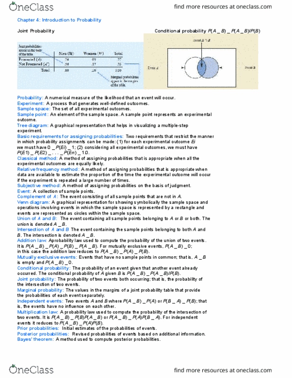 MGSC 2301 Chapter Notes - Chapter 4: Marginal Distribution, Mutual Exclusivity, Venn Diagram thumbnail