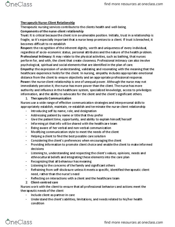 Nursing 4320A/B Lecture Notes - Lecture 9: Primary Nursing, Therapeutic Relationship, Professional Boundaries thumbnail