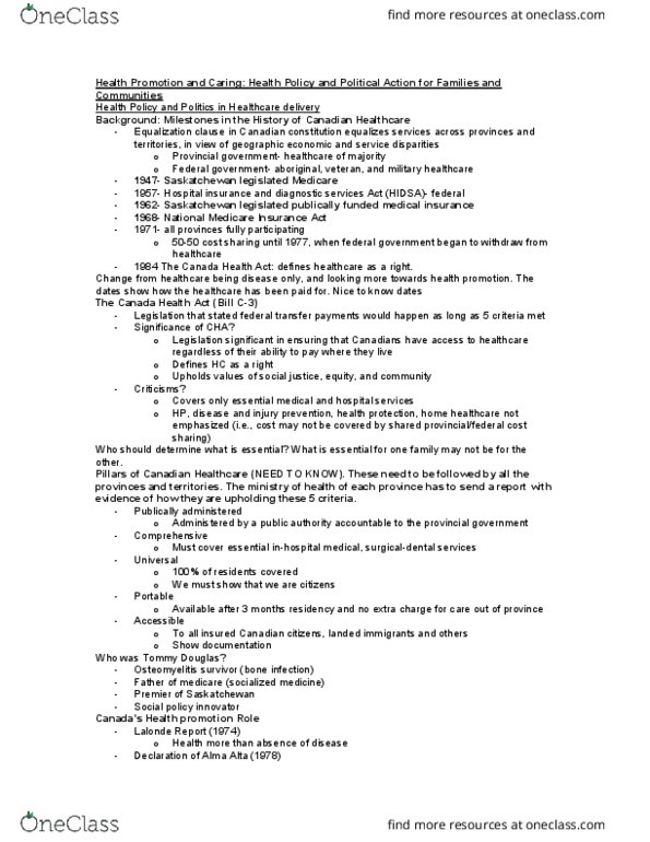 Nursing 2220A/B Lecture Notes - Lecture 11: Chief Public Health Officer Of Canada, Odel, Canada Health Act thumbnail