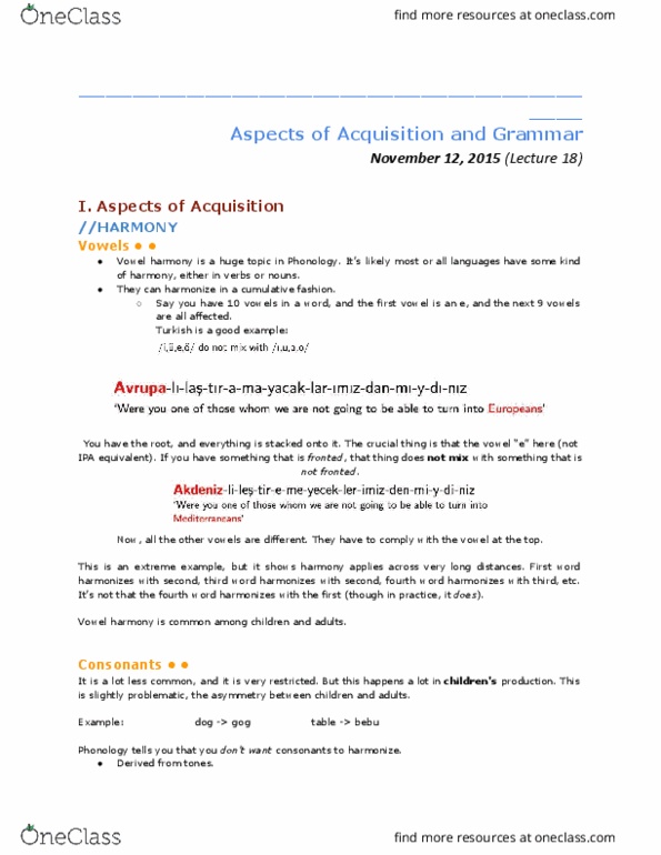 LING 355 Lecture Notes - Lecture 18: Syllabification, Vowel Harmony, Consonant Harmony thumbnail