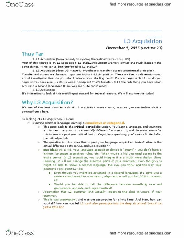 LING 355 Lecture Notes - Lecture 23: Null Result, Language Acquisition Device, Deep Structure And Surface Structure thumbnail