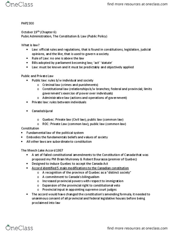 PAP 2320 Lecture Notes - Lecture 17: Canada Health Transfer, Constitution Act, 1867, Canada Health Act thumbnail