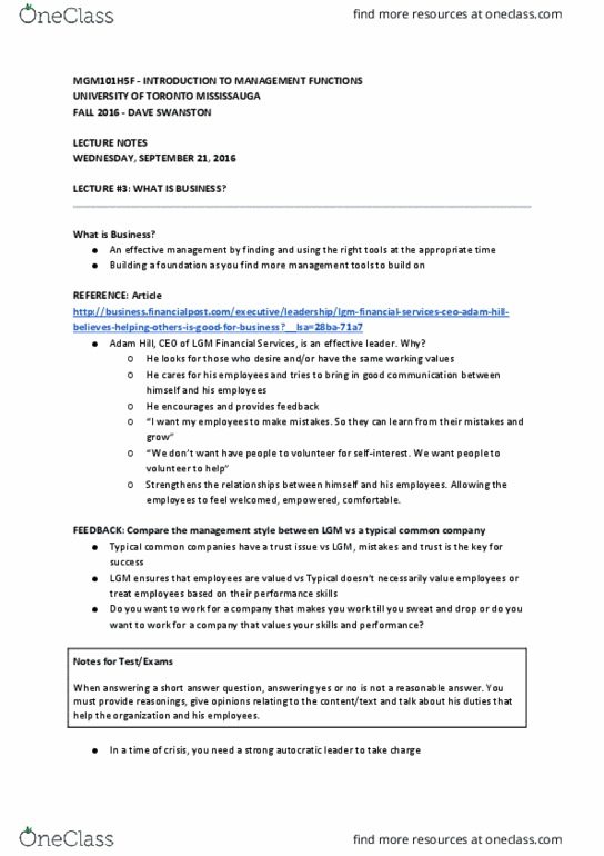 MGM101H5 Lecture Notes - Lecture 3: Hawthorne Effect, Elton Mayo, Abraham Maslow thumbnail