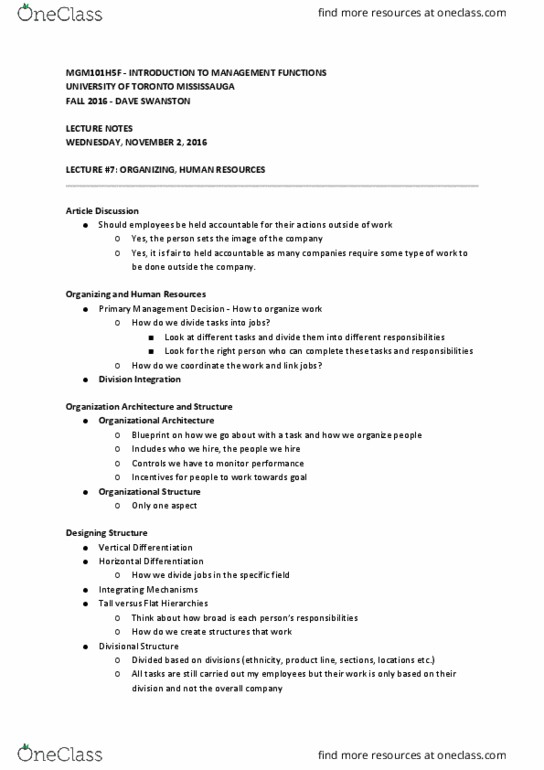 MGM101H5 Lecture Notes - Lecture 8: Job Analysis, Telecommuting, Flextime thumbnail
