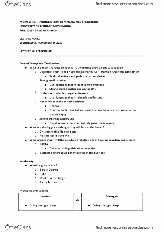 MGM101H5 Lecture Notes - Lecture 9: University Of Toronto Mississauga, Pierre Trudeau, North American Free Trade Agreement thumbnail