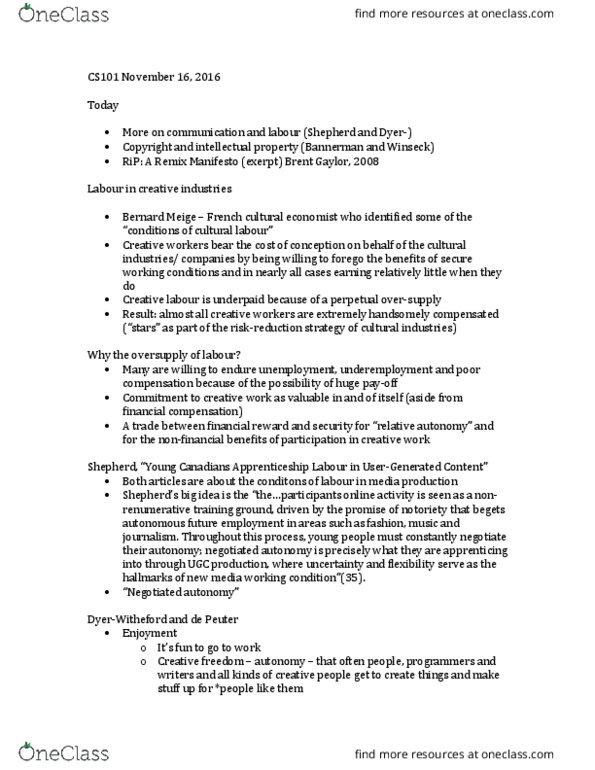 CS101 Lecture Notes - Lecture 10: World Intellectual Property Organization, Copyright Modernization Act, Middle Power thumbnail