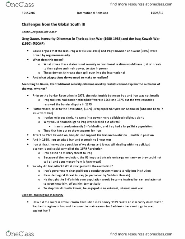 POLS 2200 Lecture Notes - Lecture 14: Iraq War, Billiard Ball, Core Countries thumbnail