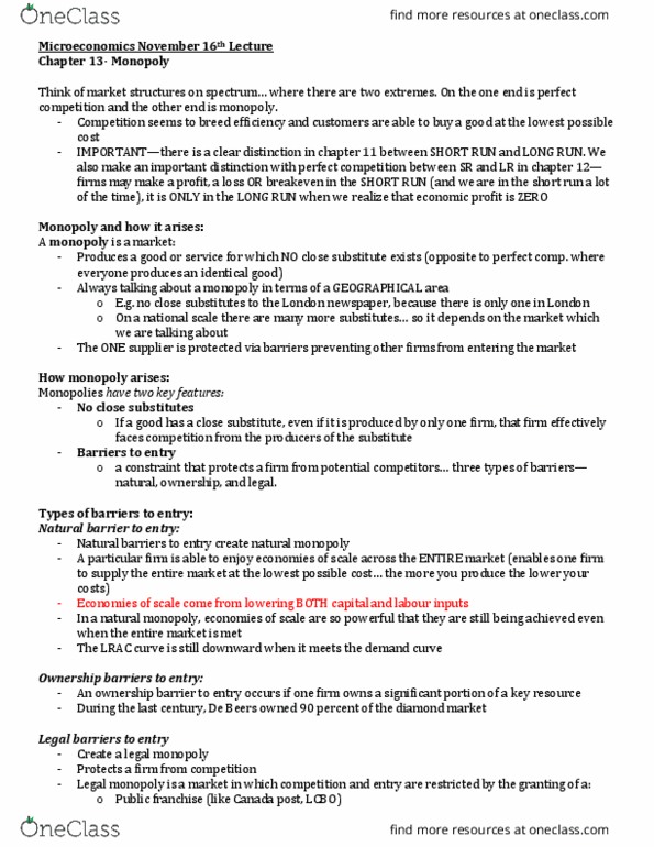 Economics 1021A/B Lecture Notes - Lecture 19: Economic Equilibrium, Price Discrimination, Marginal Revenue thumbnail