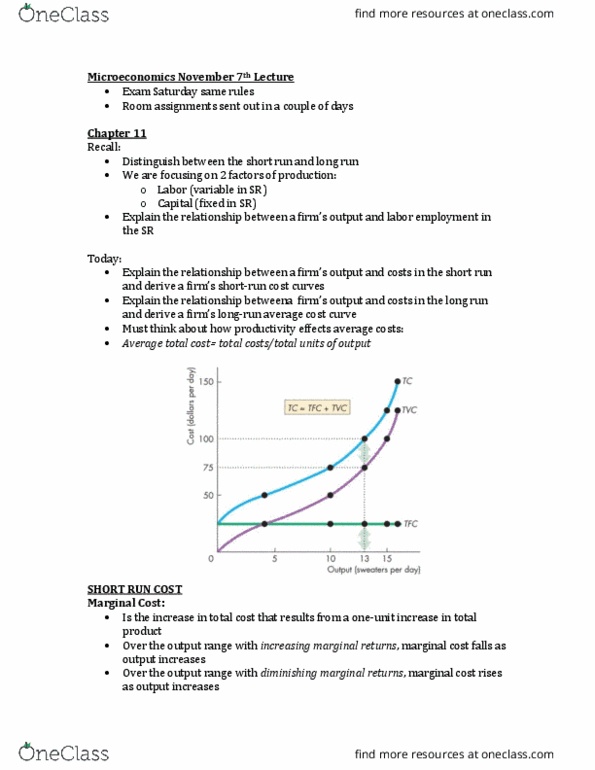 Economics 1021A/B Lecture Notes - Lecture 16: Production Function, Average Cost, Average Variable Cost thumbnail