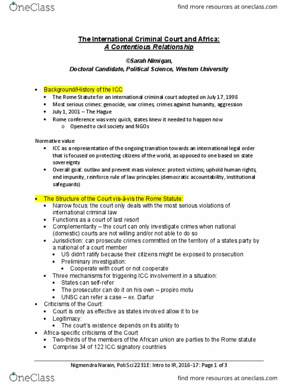 Political Science 2231E Lecture Notes - Lecture 4: Neocolonialism, International Criminal Court, Rome Statute Of The International Criminal Court thumbnail