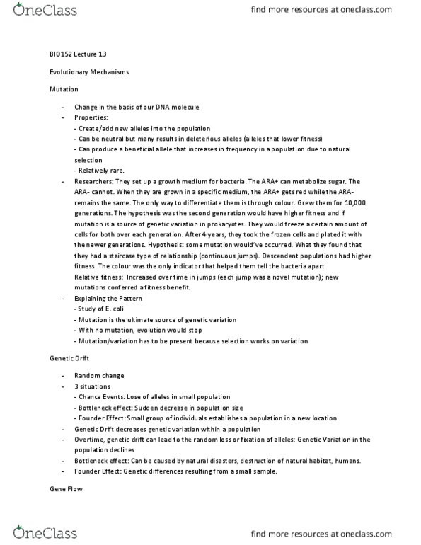 BIO152H5 Lecture Notes - Lecture 13: Genetic Drift, Growth Medium thumbnail