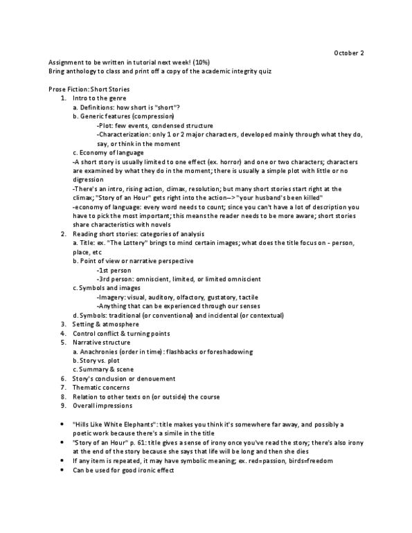 EN 1001 Lecture Notes - Ernest Hemingway, Hills Like White Elephants, Narration thumbnail