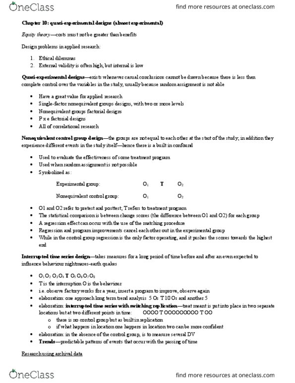 PSYC 2030 Chapter Notes - Chapter 10: Pilot Experiment, Interrupted Time Series, Time Series thumbnail