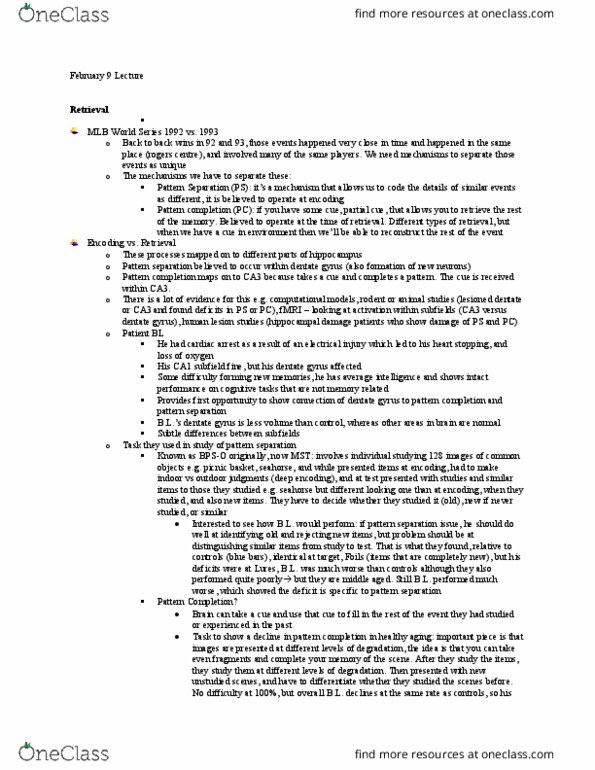 PSYC 3265 Lecture Notes - Lecture 10: Free Recall, Confabulation, Temporal Lobe thumbnail