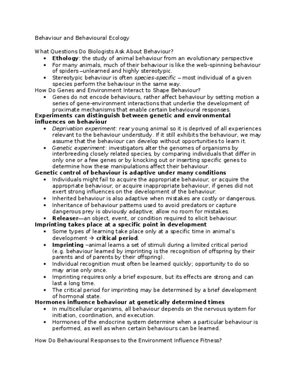 BIOL 240 Lecture Notes - Opportunity Cost, Endocrine System, Ethology thumbnail