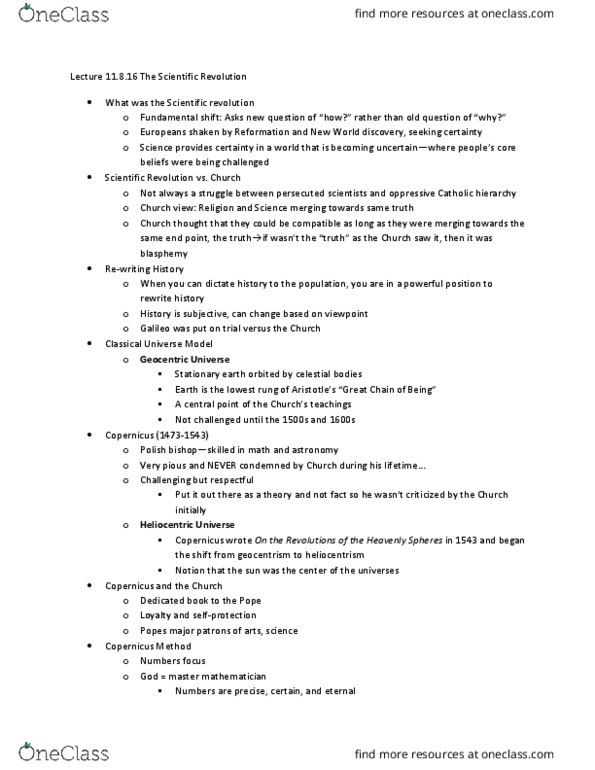 HIST1083 Lecture Notes - Lecture 24: Scientific Revolution, Copernican Principle, Heliocentrism thumbnail