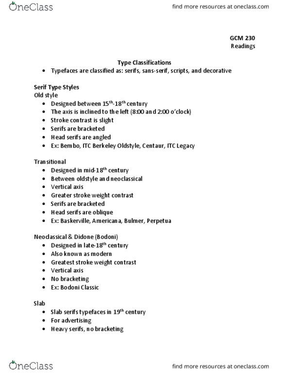 GCM 230 Chapter Notes - Chapter 3: Serif, Gill Sans, Blackletter thumbnail