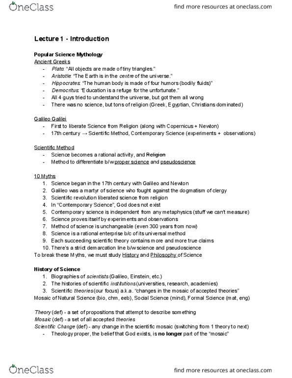 HPS100H1 Lecture Notes - Lecture 1: Pseudoscience, Scientific Revolution, Scientific Method thumbnail