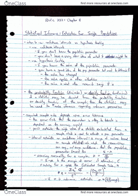 BUEC 232 Chapter Notes - Chapter 8: Interval Estimation, Point Estimation, Statistical Hypothesis Testing thumbnail