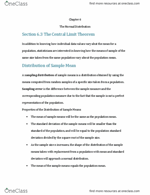 STA 2023 Lecture Notes - Lecture 28: Central Limit Theorem, Standard Deviation, Sampling Error thumbnail