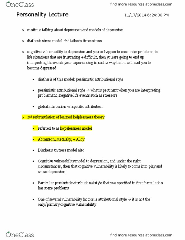 PSYCH-UA 30 Lecture Notes - Lecture 17: Cognitive Therapy, Thrall, Learned Helplessness thumbnail