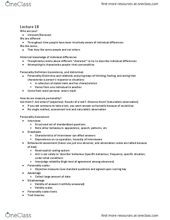 PS100 Lecture Notes - Lecture 18: Naturalistic Observation, Theophrastus, Agreeableness thumbnail