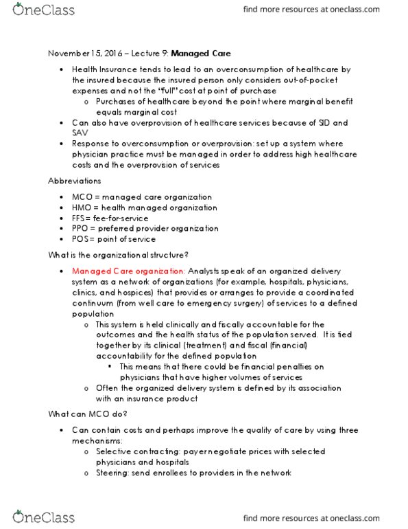 MGEC34H3 Lecture Notes - Lecture 9: Preferred Provider Organization, Managed Care, Utilization Management thumbnail