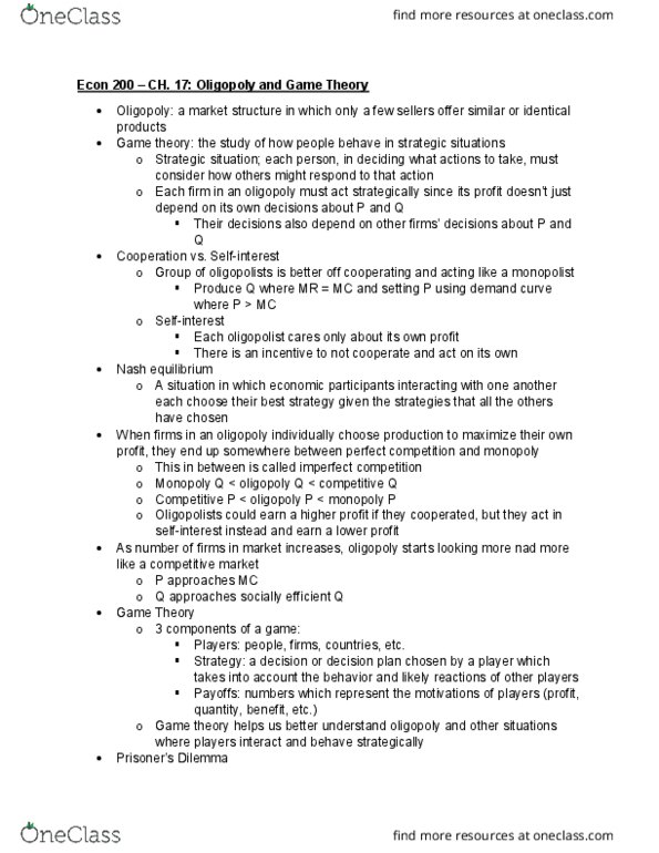 ECON 200 Chapter Notes - Chapter 17: Game Theory, Nash Equilibrium, Imperfect Competition thumbnail