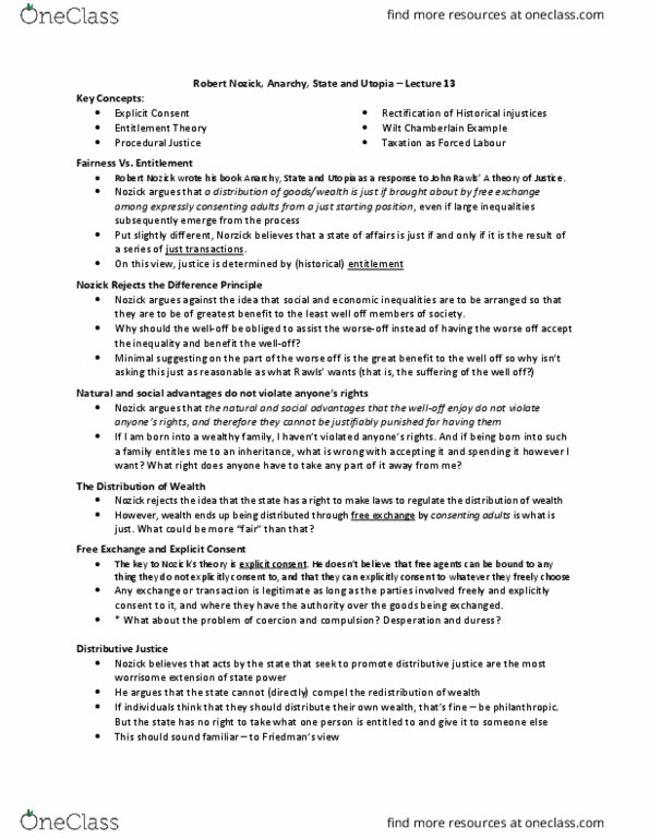 Philosophy 2074F/G Lecture Notes - Lecture 13: Robert Nozick, Distributive Justice, Procedural Justice thumbnail