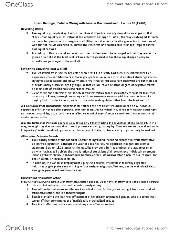 Philosophy 2074F/G Lecture Notes - Lecture 18: Employment Equity (Canada), Reverse Discrimination, Visible Minority thumbnail