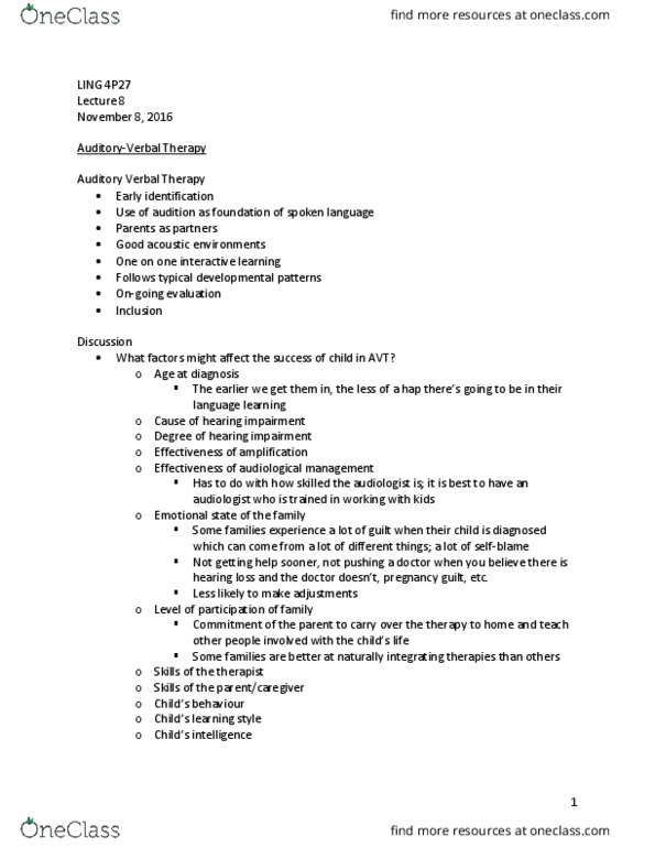 LING 4P27 Lecture Notes - Lecture 8: Cochlear Implant, Audiology, Hearing Loss thumbnail