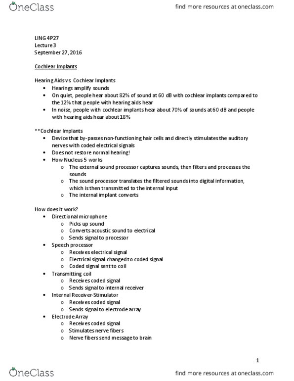 LING 4P27 Lecture Notes - Lecture 3: Cochlear Implant, Hearing Aid, Inner Ear thumbnail