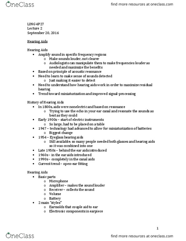 LING 4P27 Lecture Notes - Lecture 2: Acoustic Resonance, Audio Feedback, Hearing Aid thumbnail