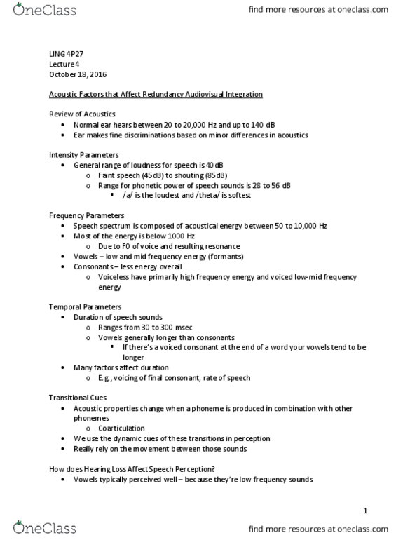 LING 4P27 Lecture Notes - Lecture 4: Speech Perception, Phoneme, Coarticulation thumbnail