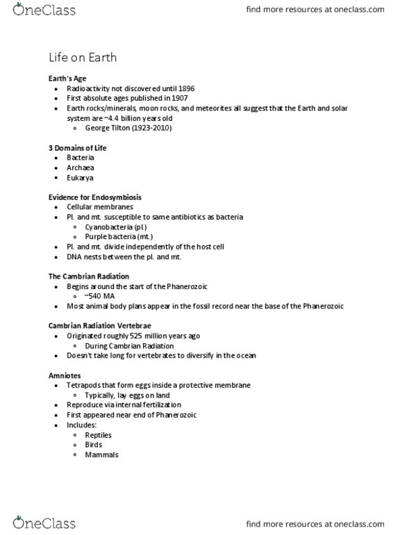 EARTH 7 Lecture Notes - Lecture 4: Purple Bacteria, Absolute Dating, Eukaryote thumbnail