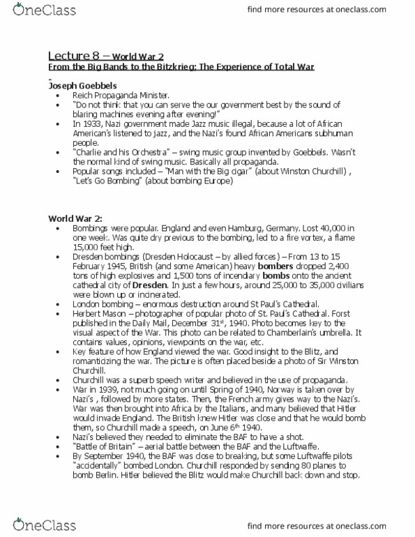 HIST 1F95 Lecture Notes - Lecture 8: Autopsy, Air-Raid Shelter, Herbert Mason thumbnail