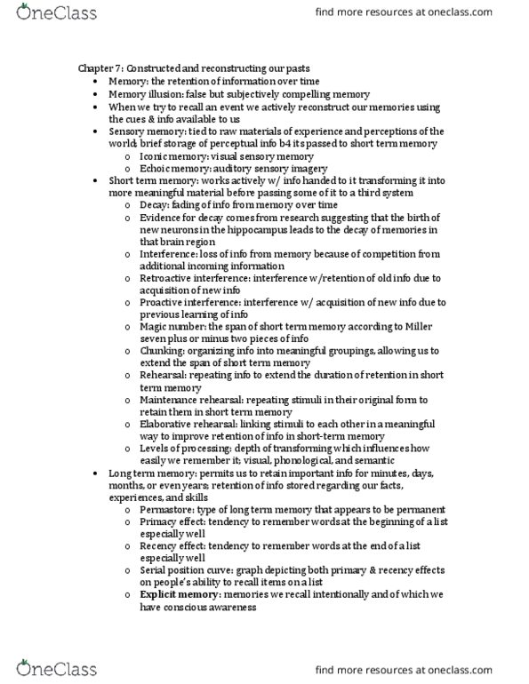 PSYCH 112 Lecture Notes - Lecture 7: Long-Term Memory, Echoic Memory, Semantic Memory thumbnail